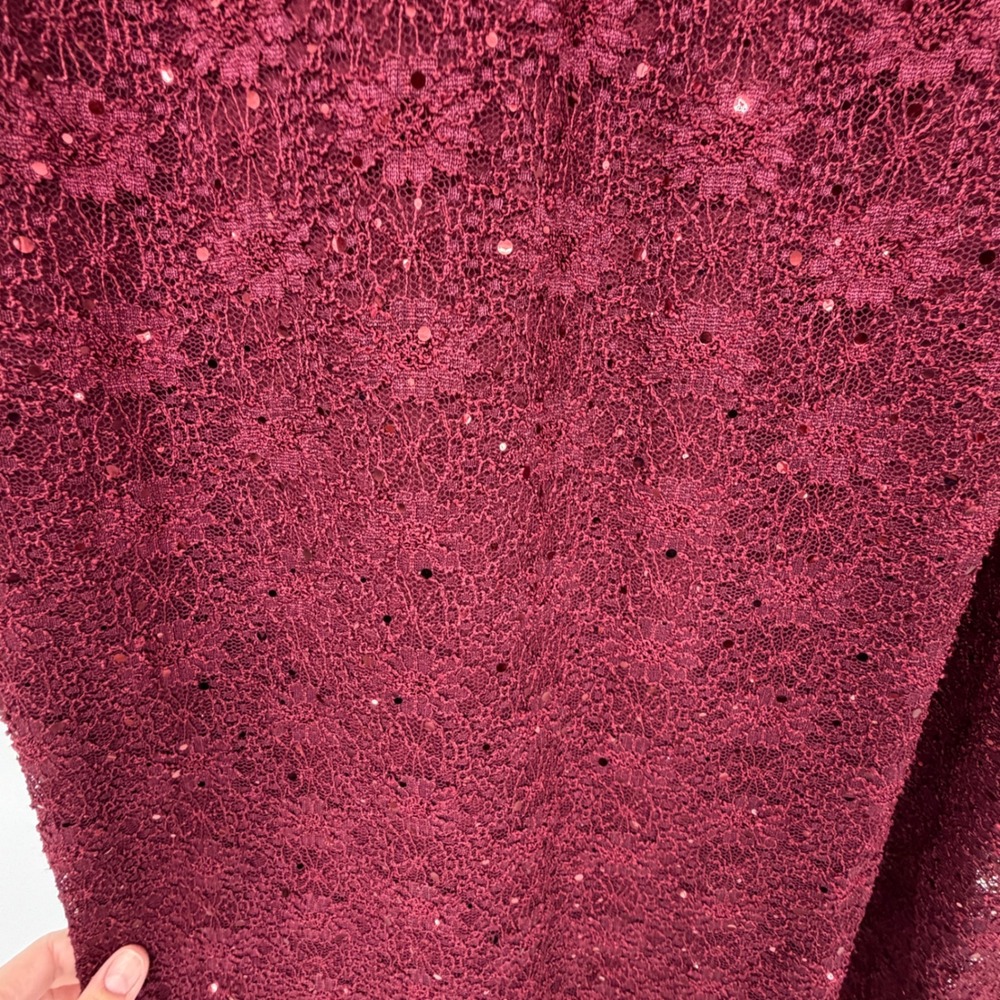 Connected Apparel 22W Burgundy Sequin Lace Bell Sleeve Cocktail Dress - Picture 3 of 5